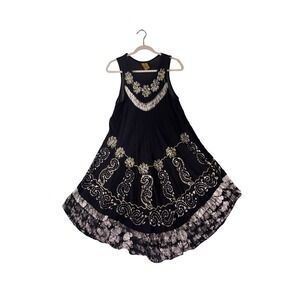 Pineapple Sleeveless Dress‎ Women Free Size Black Embroidered Batik Paisley Boho